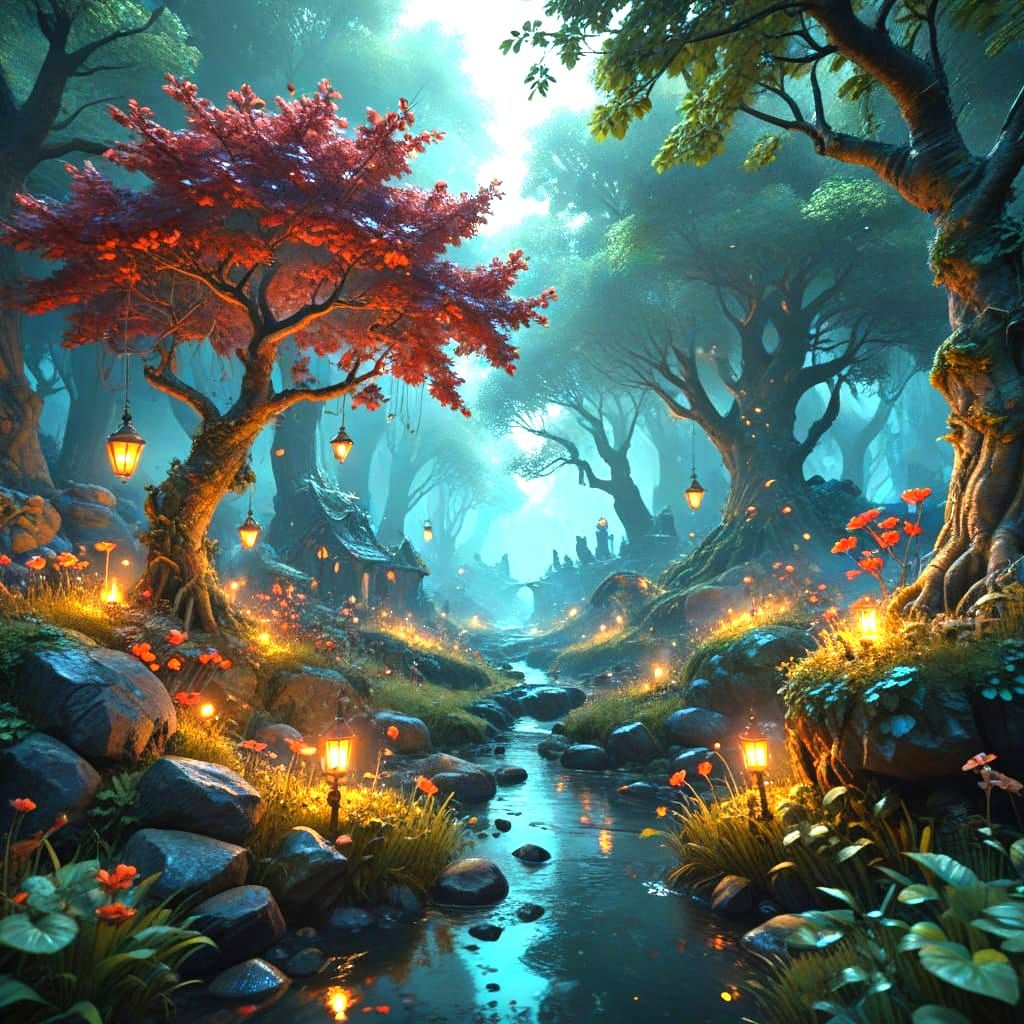 Cherry Blossom Lovers in Vibrant Fantasy Landscape