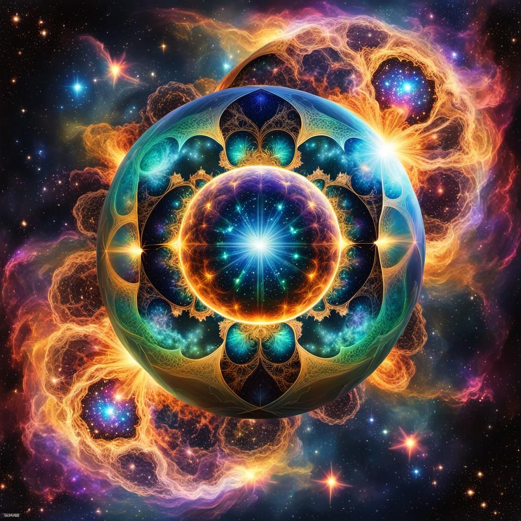 Spaceship Among Golden Stars and Iridescent Nebula