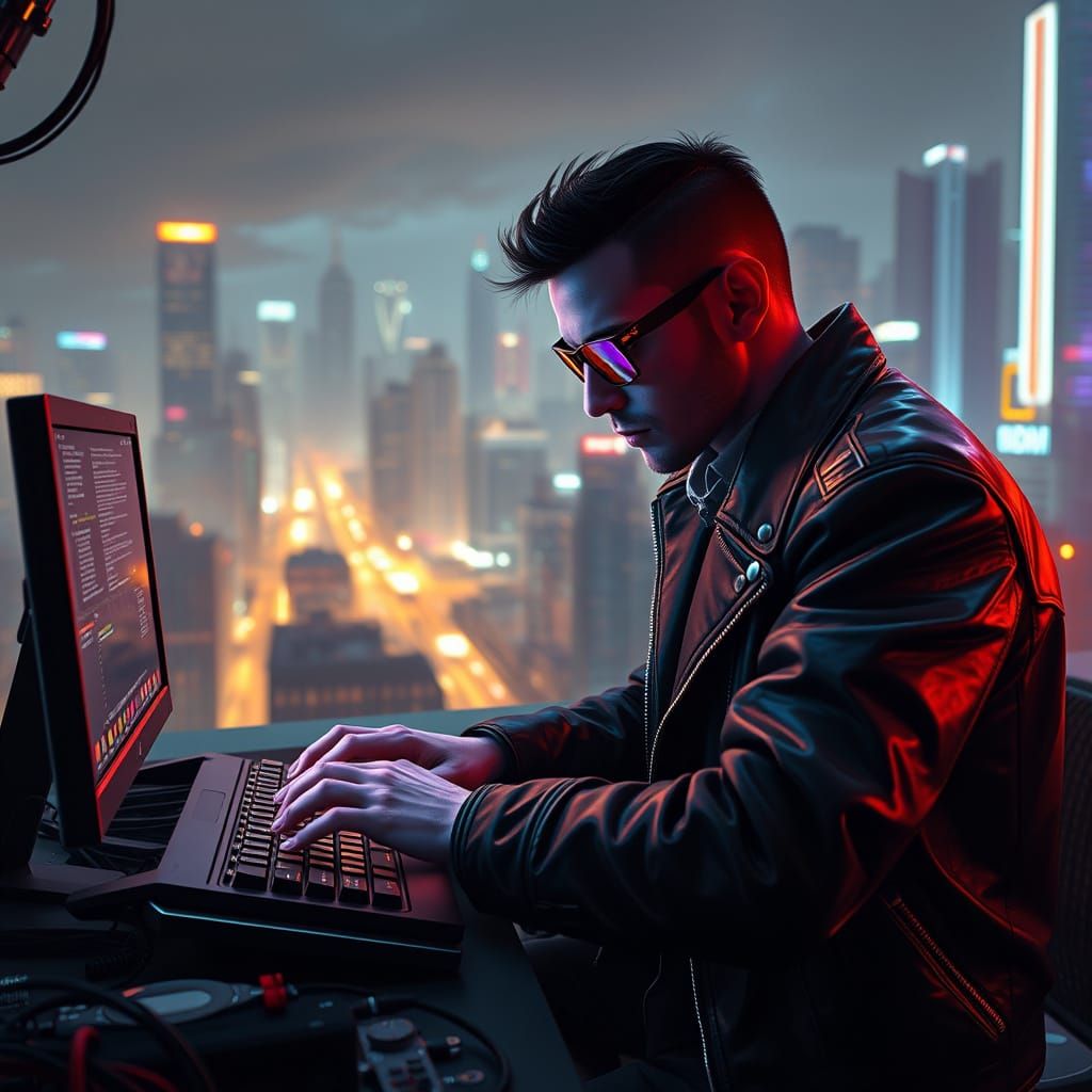 Cyberpunk Hacker in High-Tech Lair