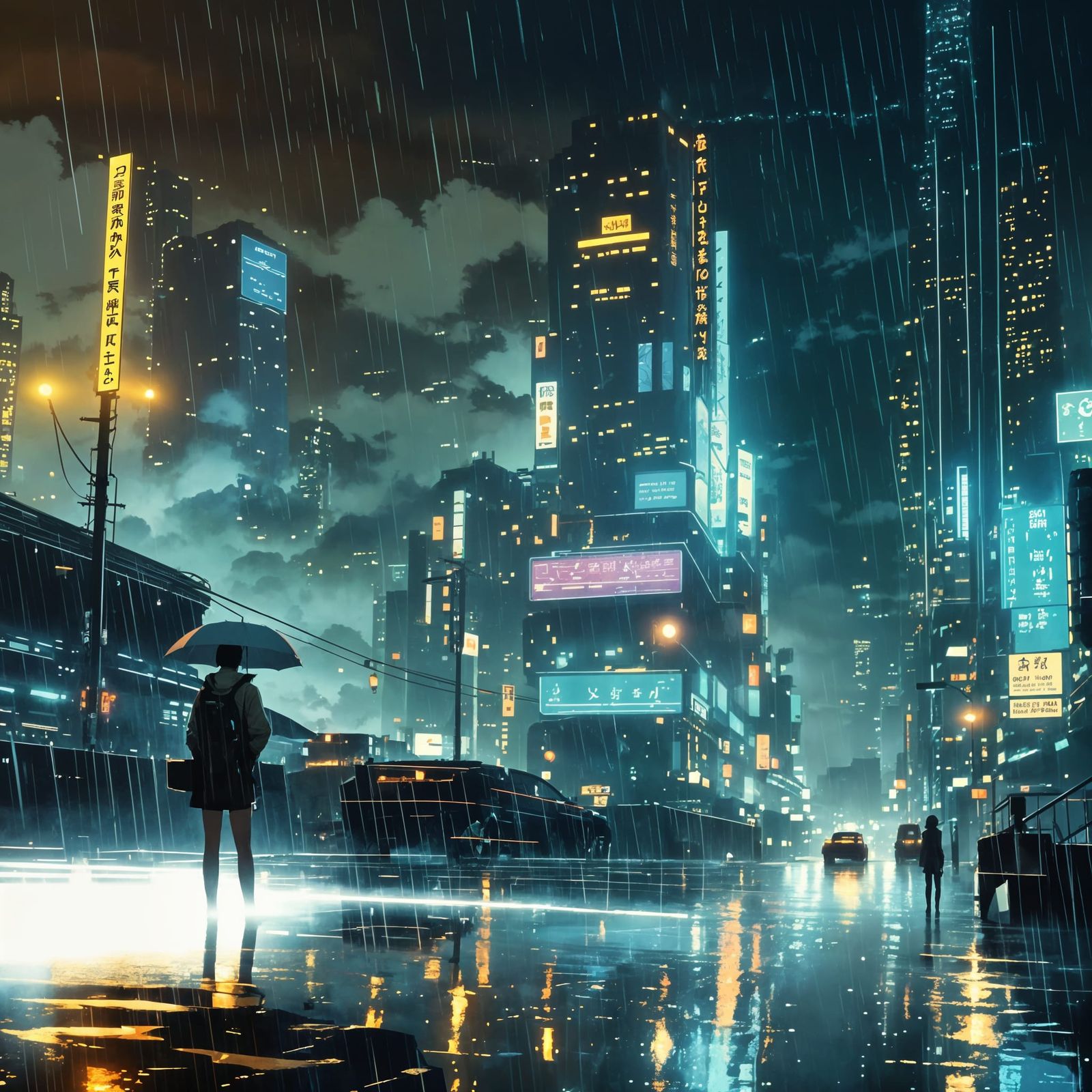 Dark Fantasy Cyberpunk Cityscape in Heavy Rain