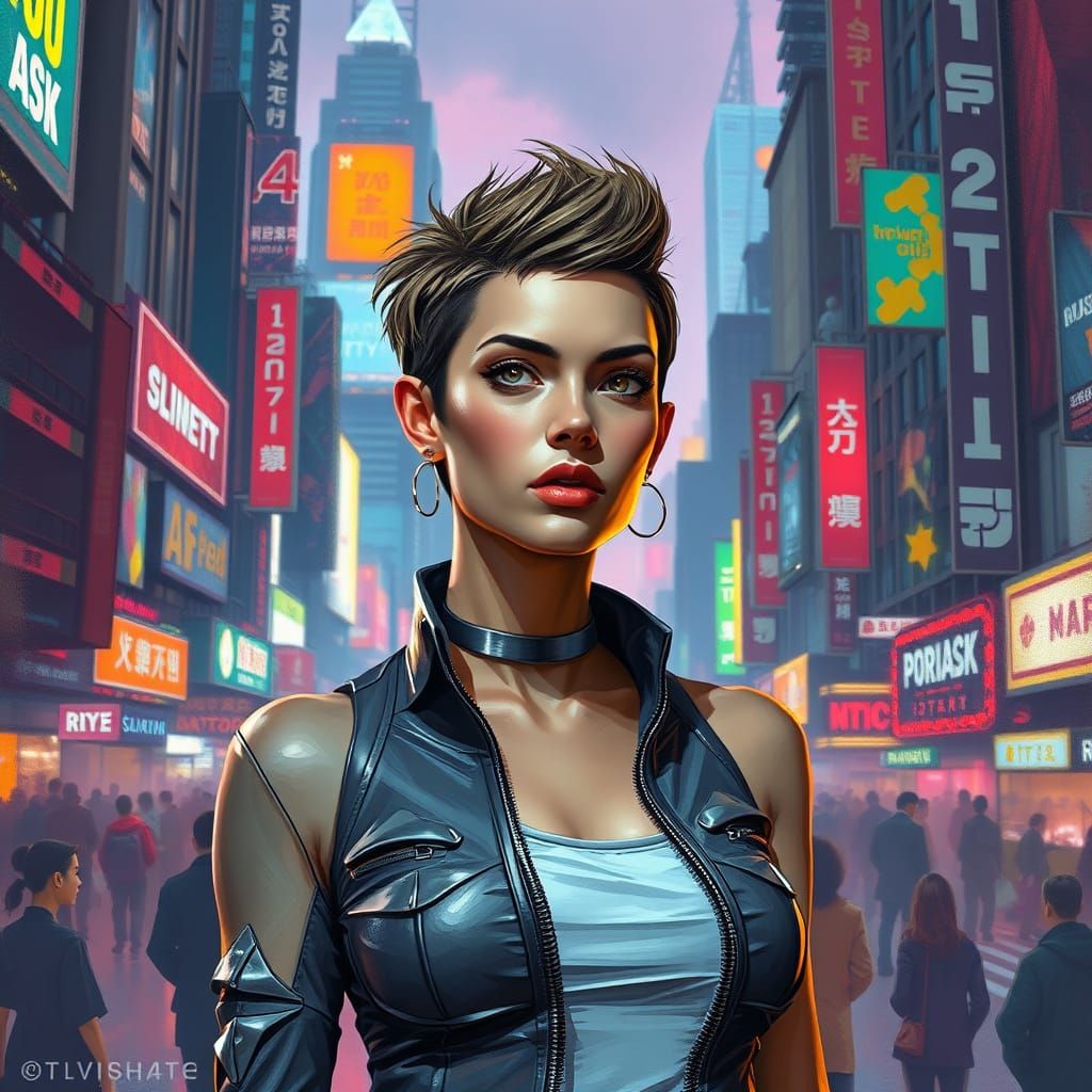 Cyberpunk Woman in Gouache Style