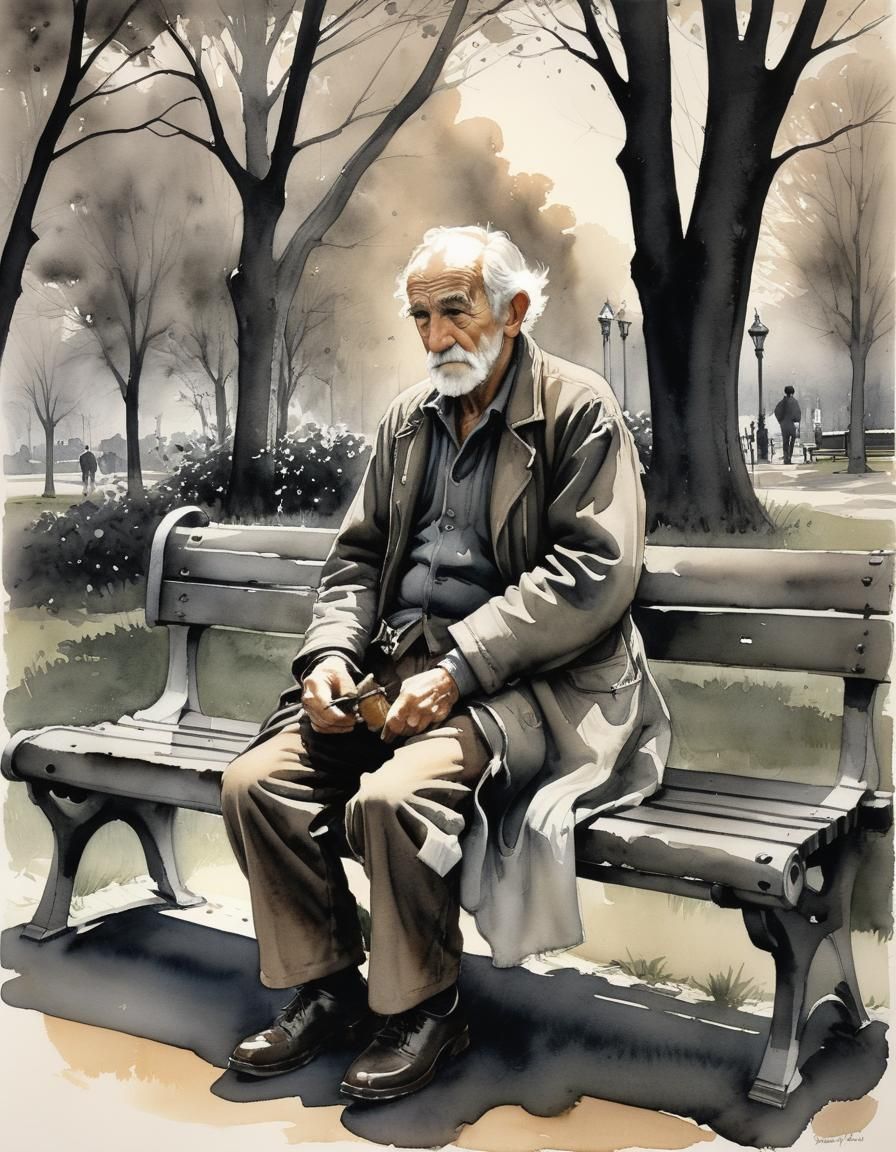 Old Man on Park Bench in Ink Wash Style