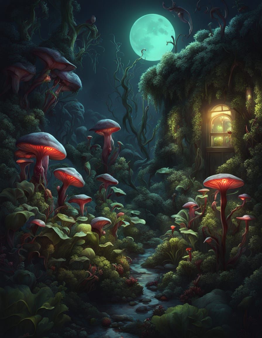 Eerie Overgrown Garden with Carnivorous Plants