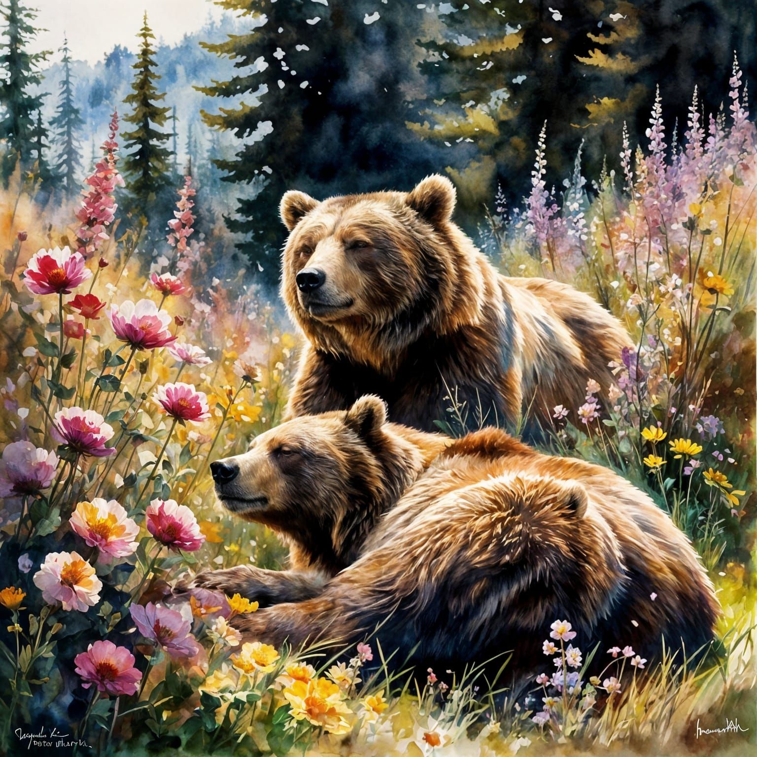 Grizzly Bear Napping in Watercolor Meadow