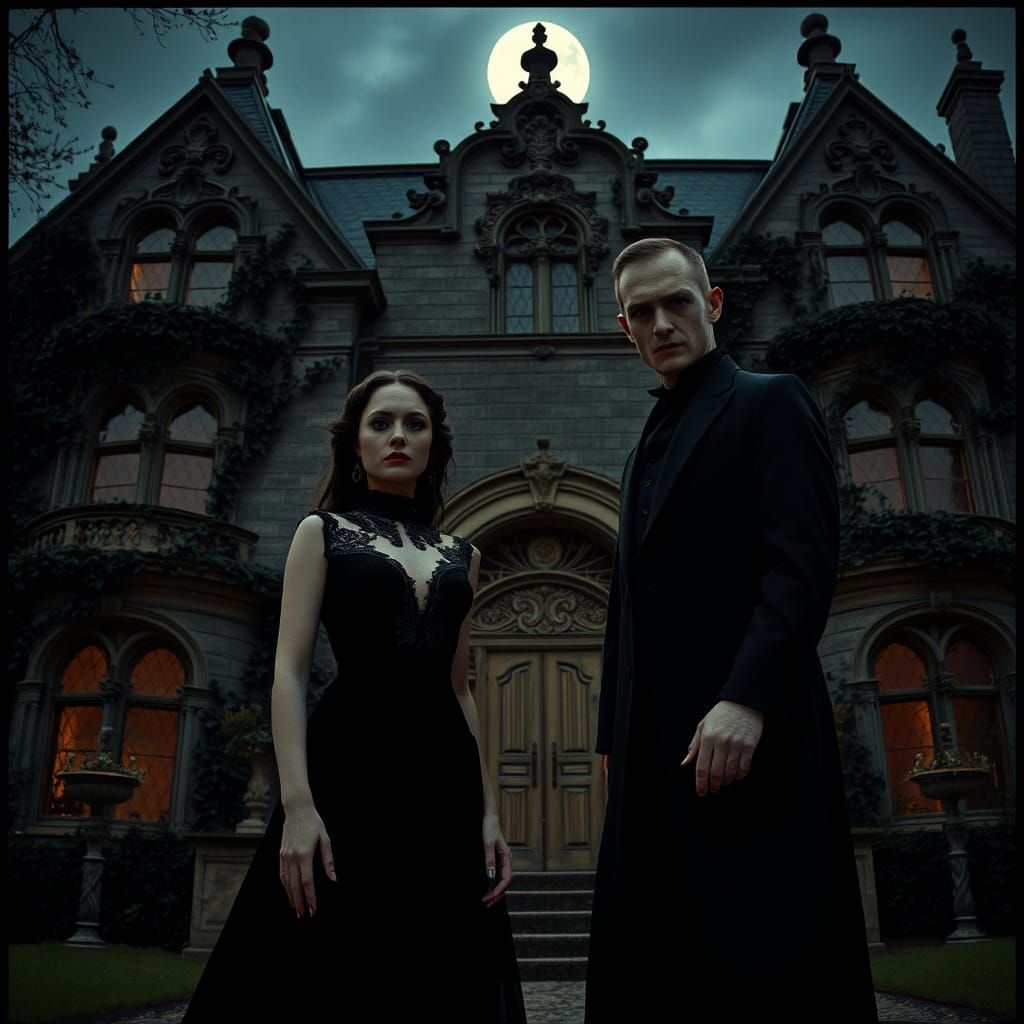 Scary Vampire with Alvera in formal clothes standing in fron...