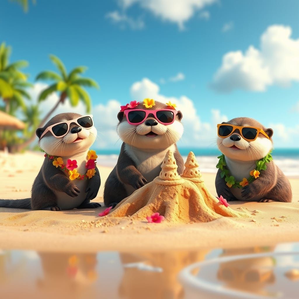 Playful Otters Build Sandcastle in Pixar Style CGI
