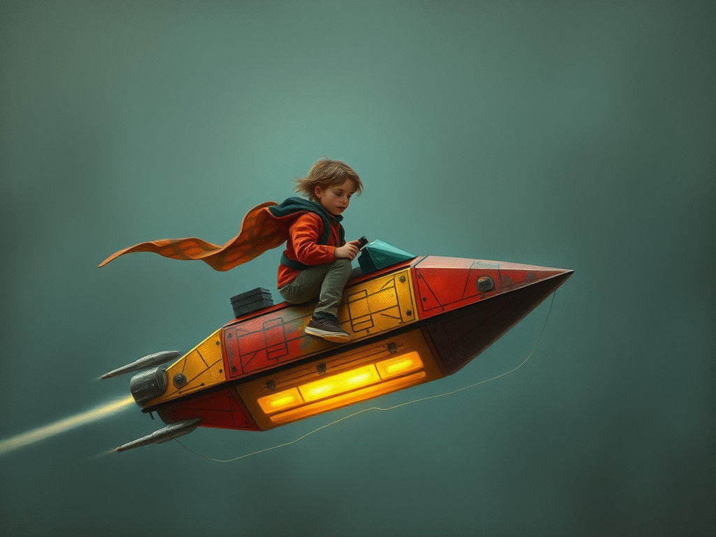 Kid Rides Cyberpunk Hovercraft in Colorful Illustration