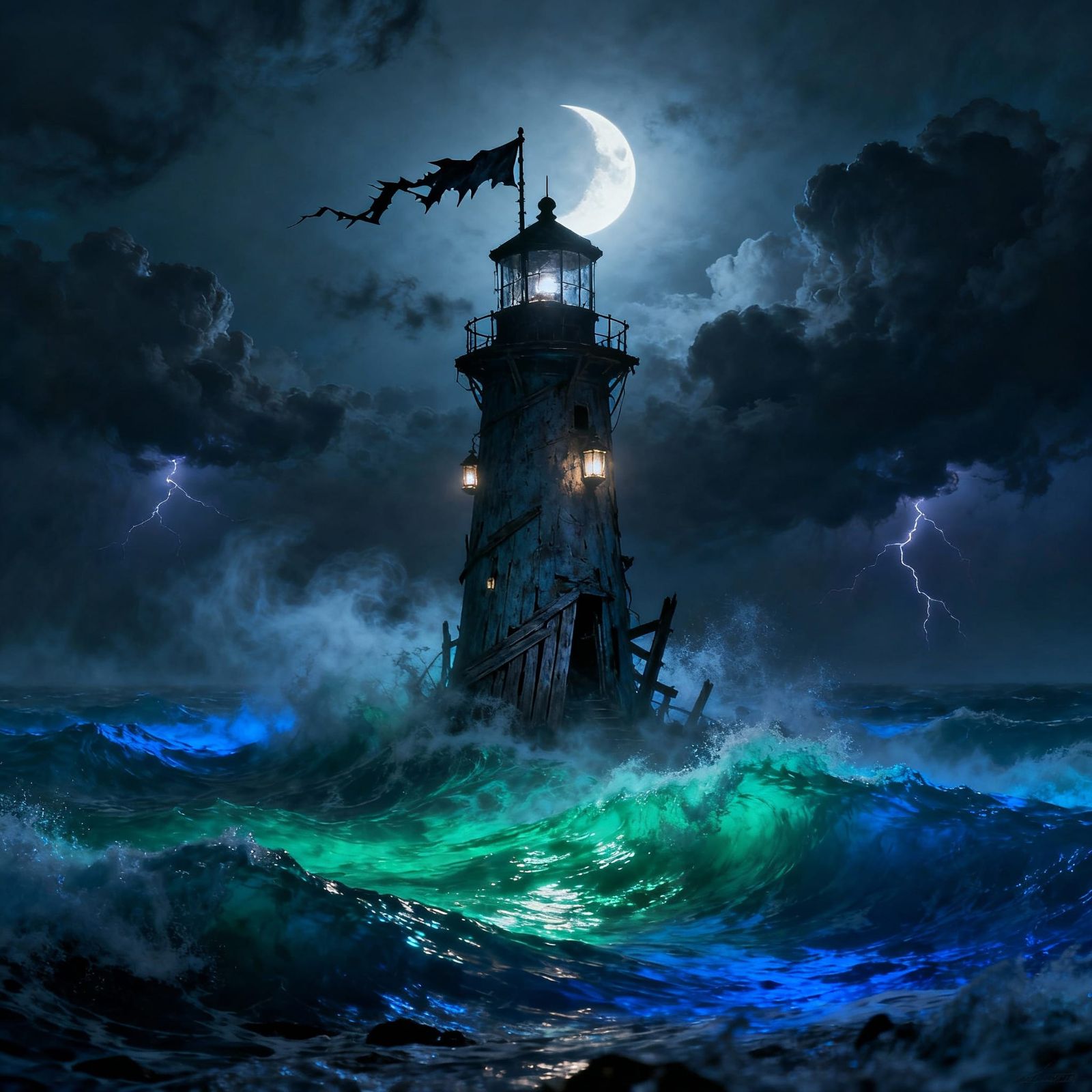 Ghostly Lighthouse Under Pale Moon in Stormy Seas