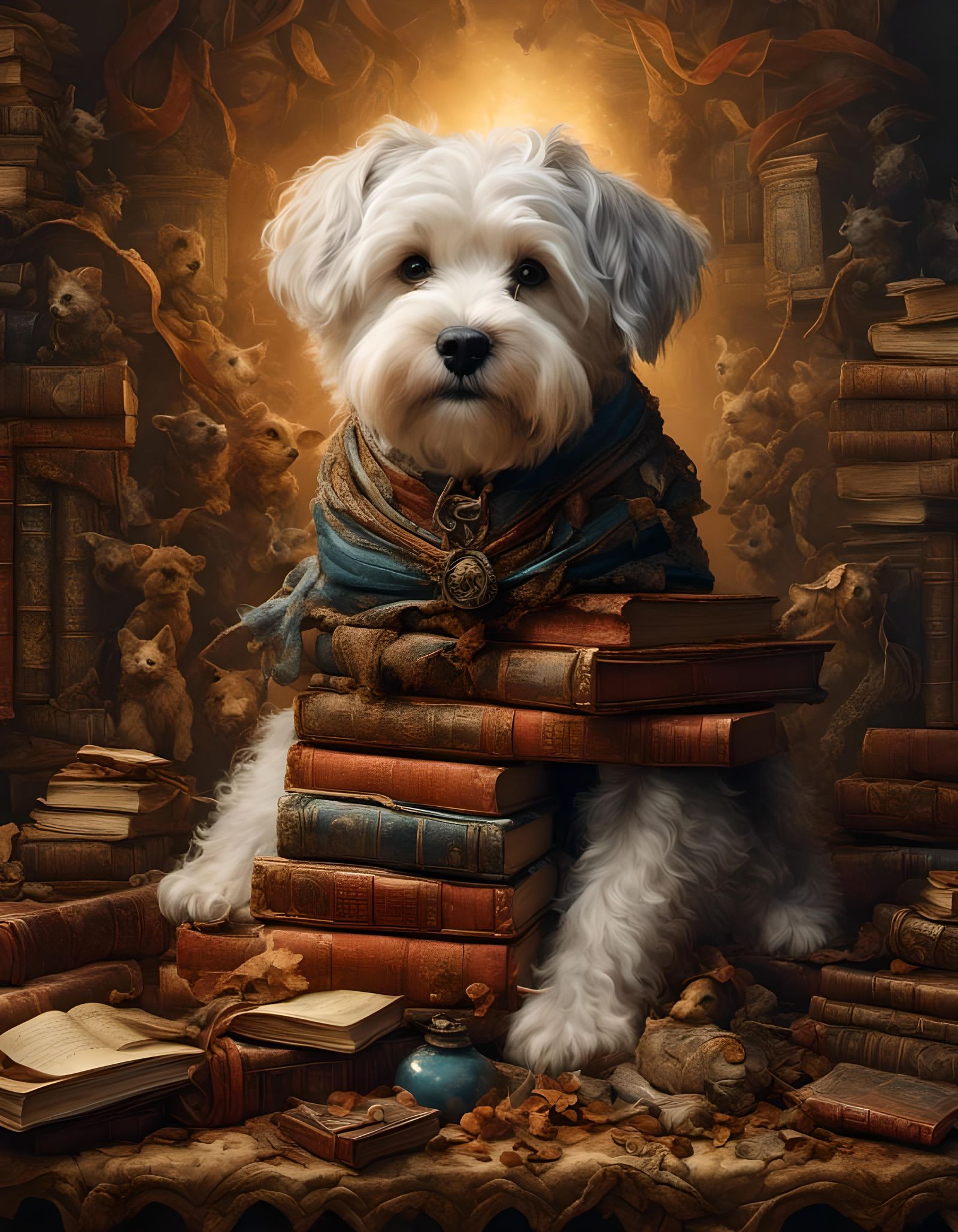 Dog Portrait Framed by Leather Books
