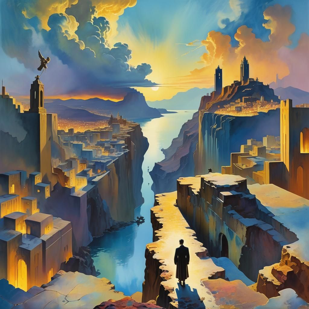 Angel Touches Figure in Impressionist Gouache Cityscape