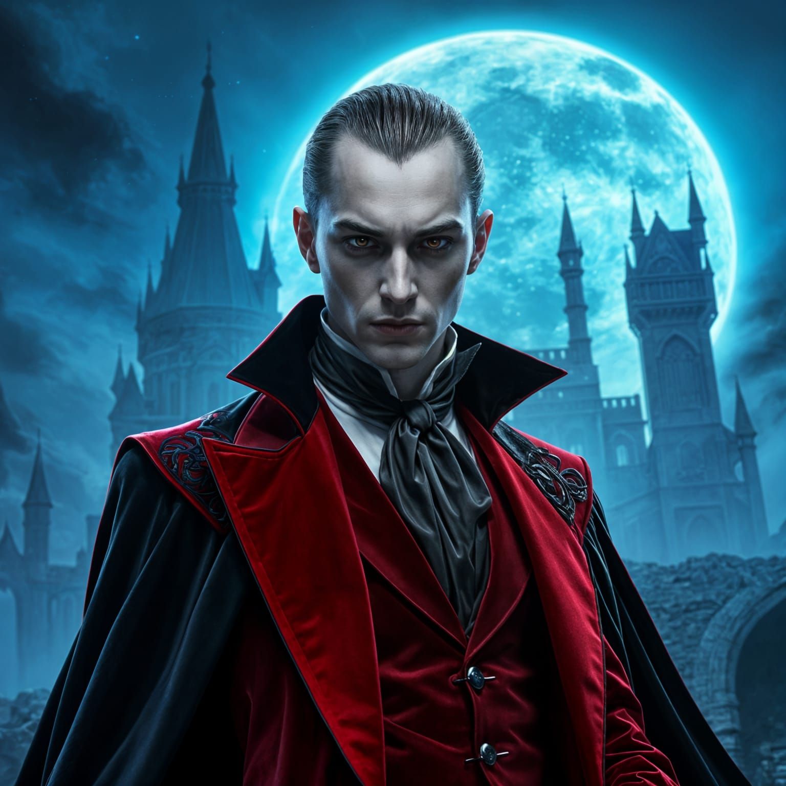 Elegant Vampire in Gothic Castle Cyberpunk Art