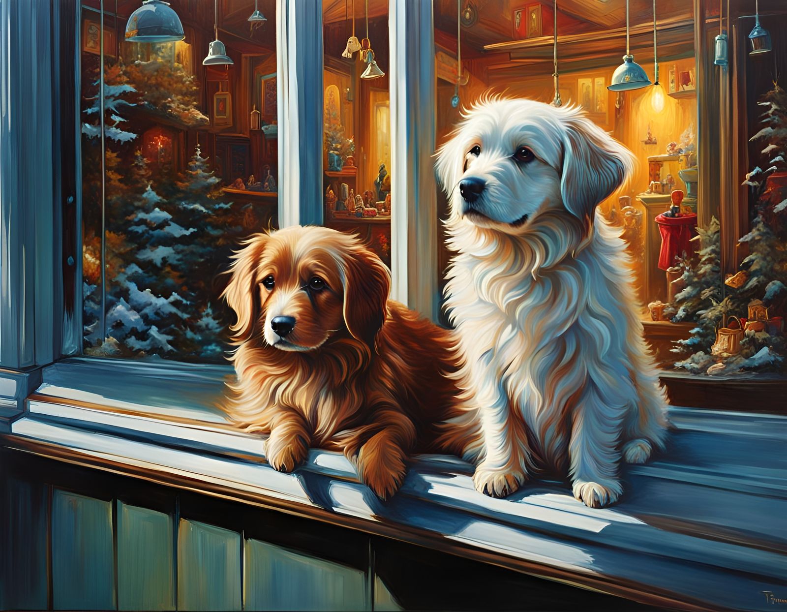 Dog in Window Oil Painting with Volumetric Lighting
