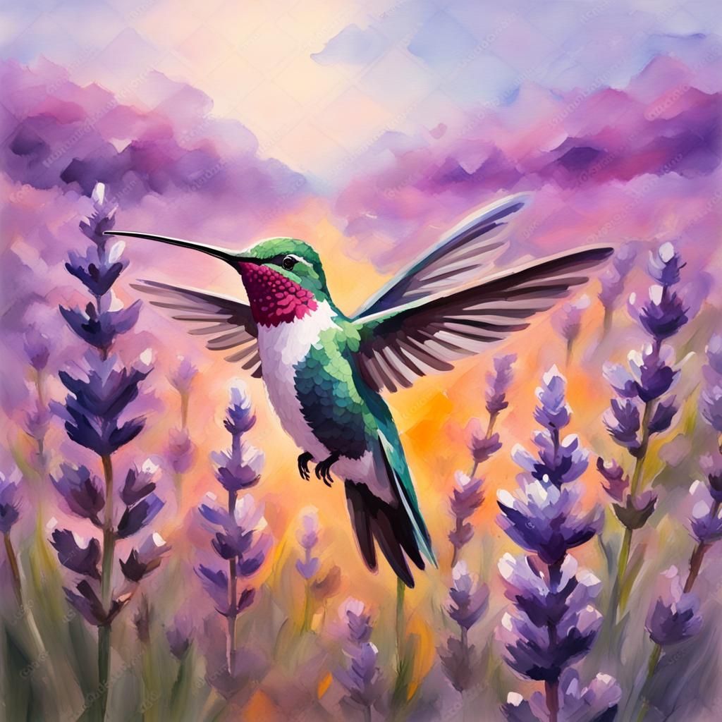 Hummingbird in Lavender Field: Gouache Impressionist Paintin...