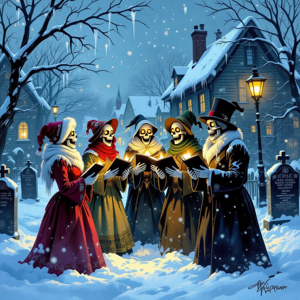 Skeletal Carolers Sing in Eerie Victorian Village