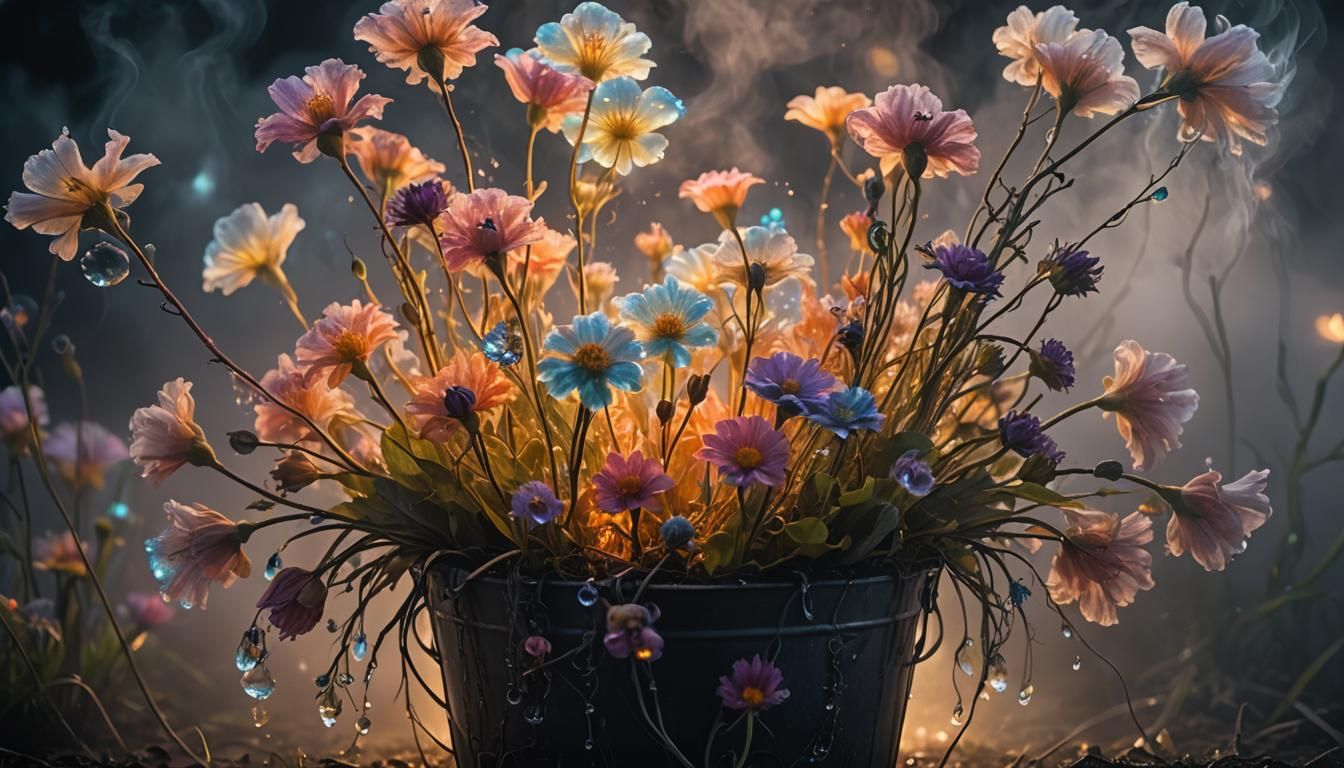 Surreal Glowing Bucket of Flowers in Luminism Style