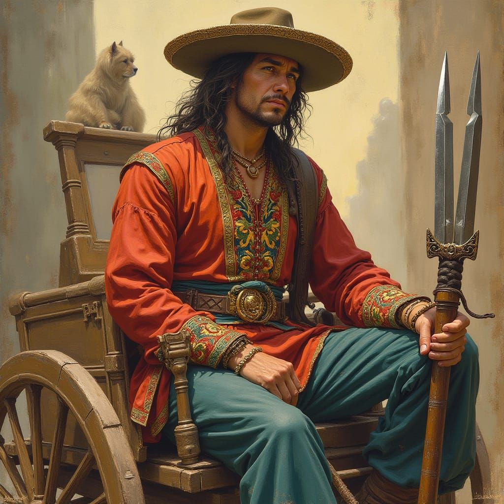 Human male farmer in colourful clothing, sat on a wagon holding a double-bladed glaive.
