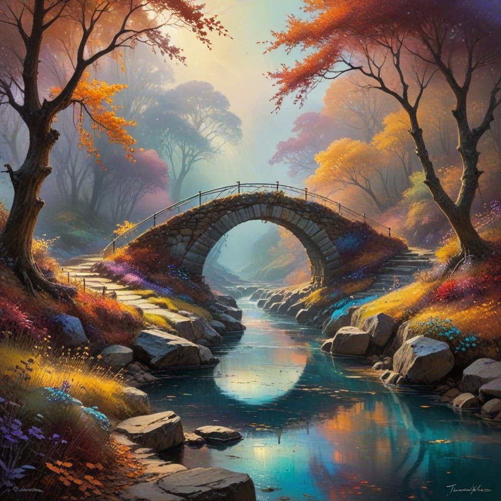 Ancient Stone Bridge Under Vibrant Autumn Mists