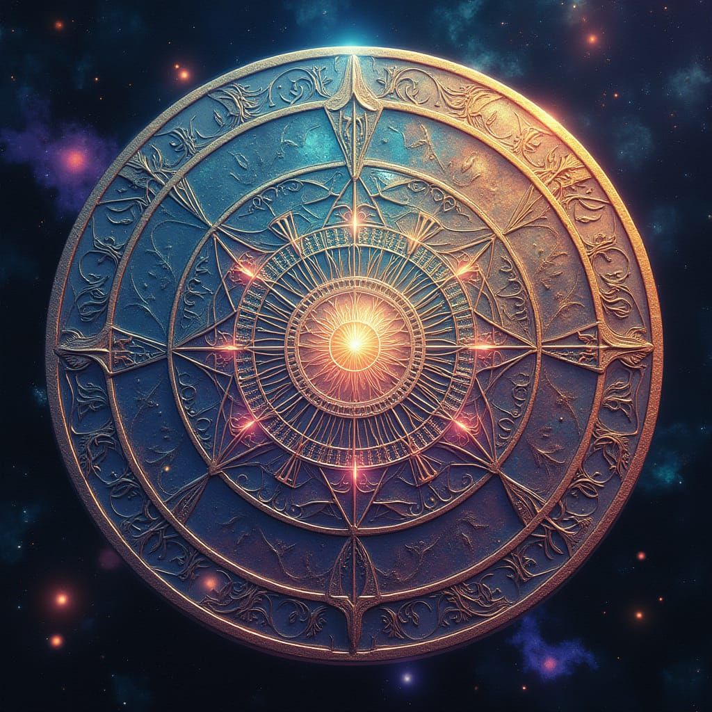 Vibrant Cosmic Coin in Futuristic Sacred Geometry Style