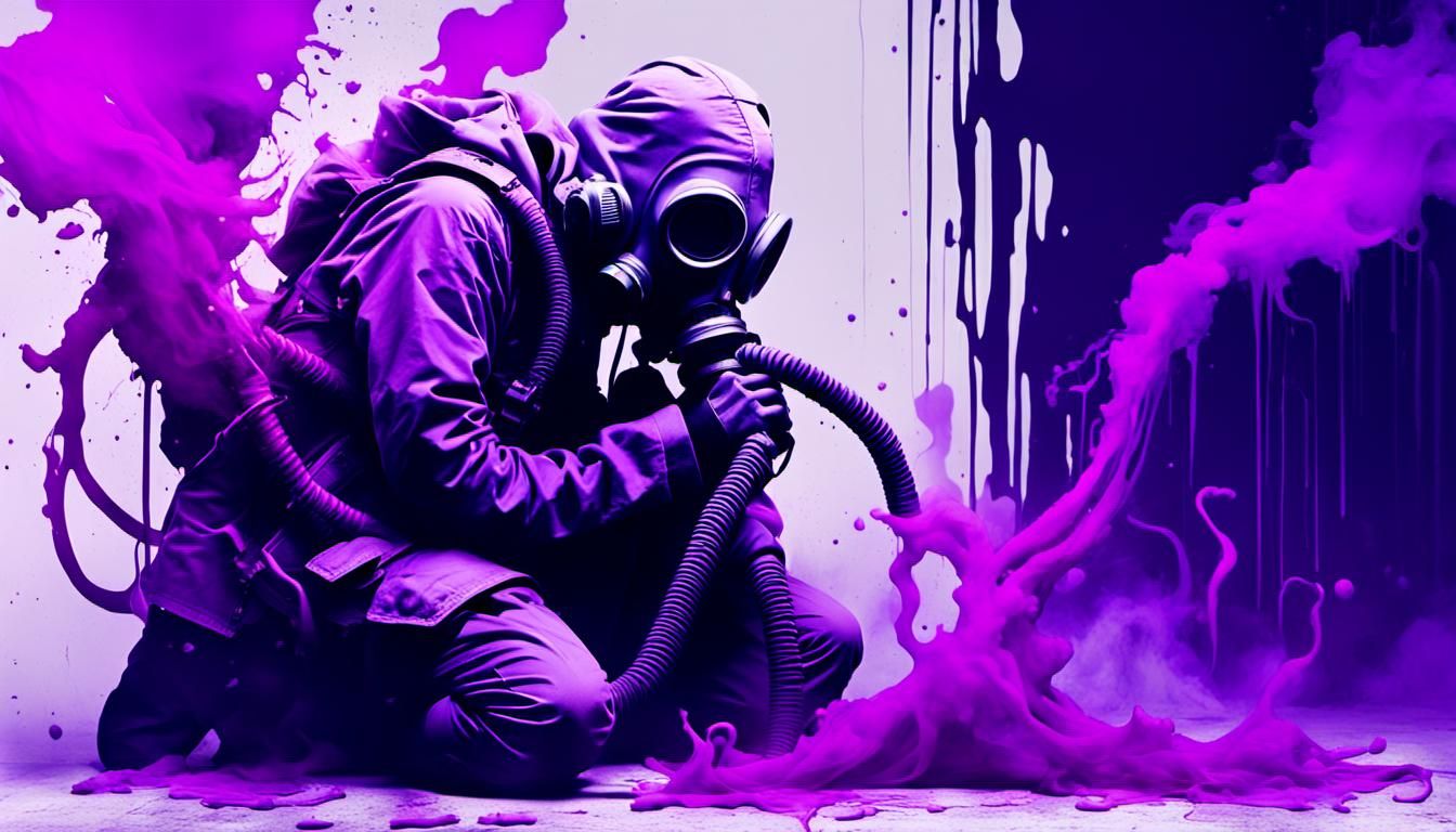 Figure in Violet Bondage with Gas Mask