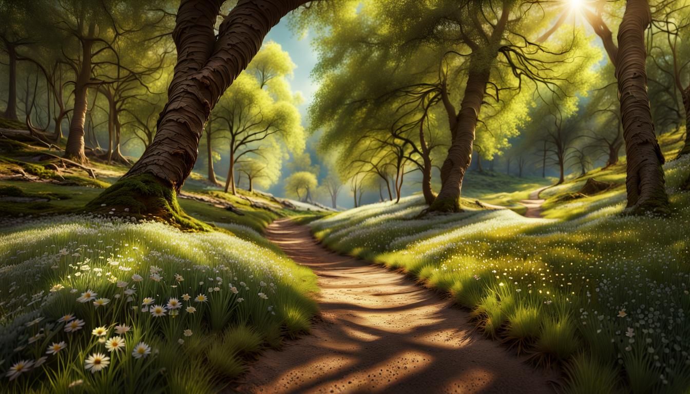 Springtime Forest Path Digital Illustration