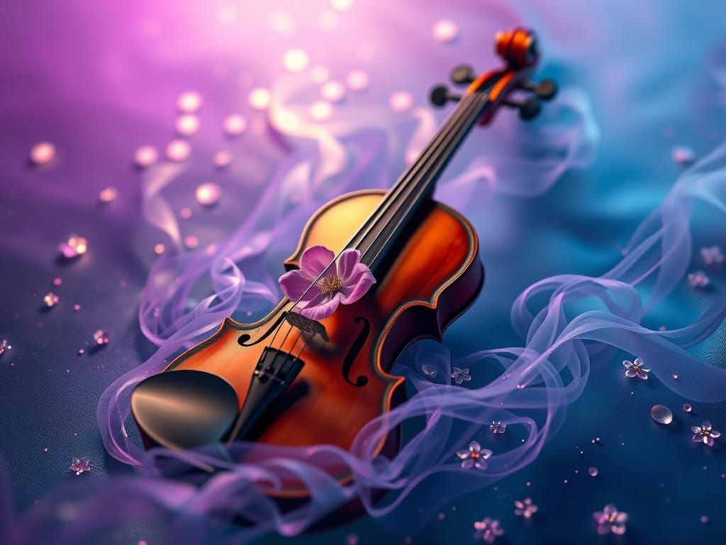 Surrealistic Violin Scene with Glassy Texture and Light Refl...