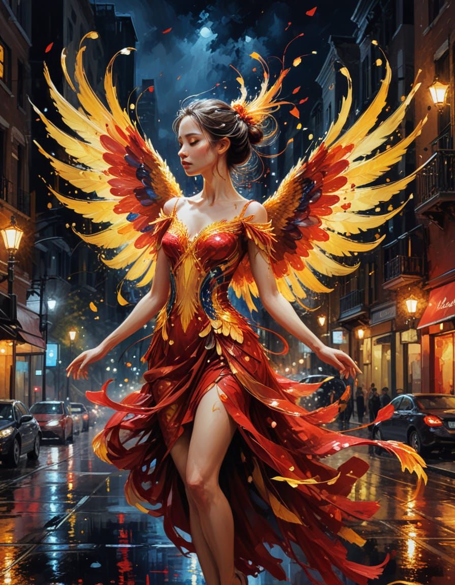 Fairy Phoenix Soaring Over City, in Velázquez Style