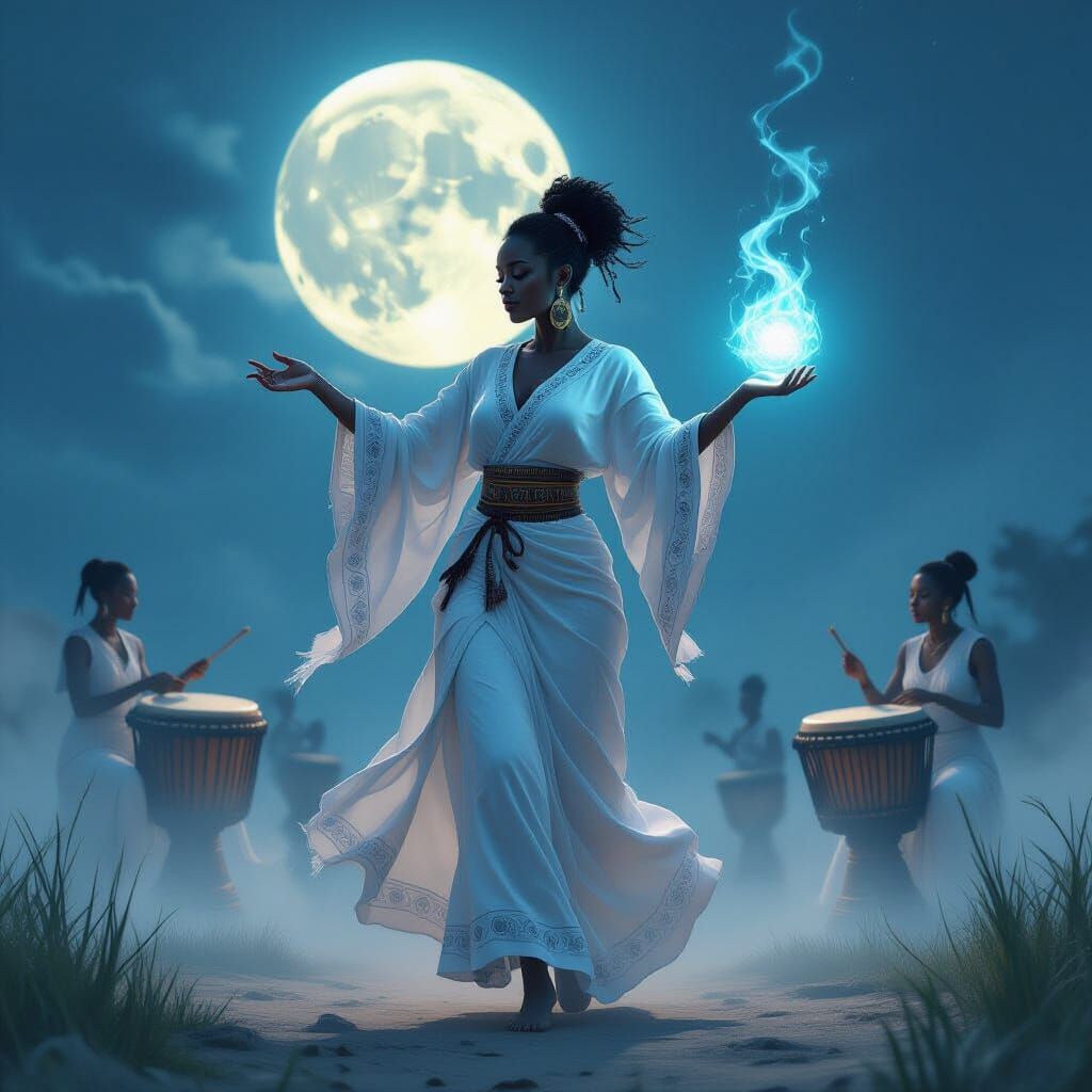 Ghostly Woman Dancing with Spirit Under Moon