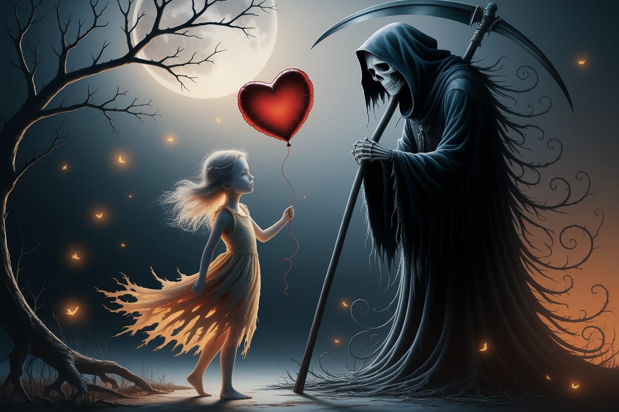 Ethereal Girl with Balloon Faces Grim Reaper in Art Nouveau ...