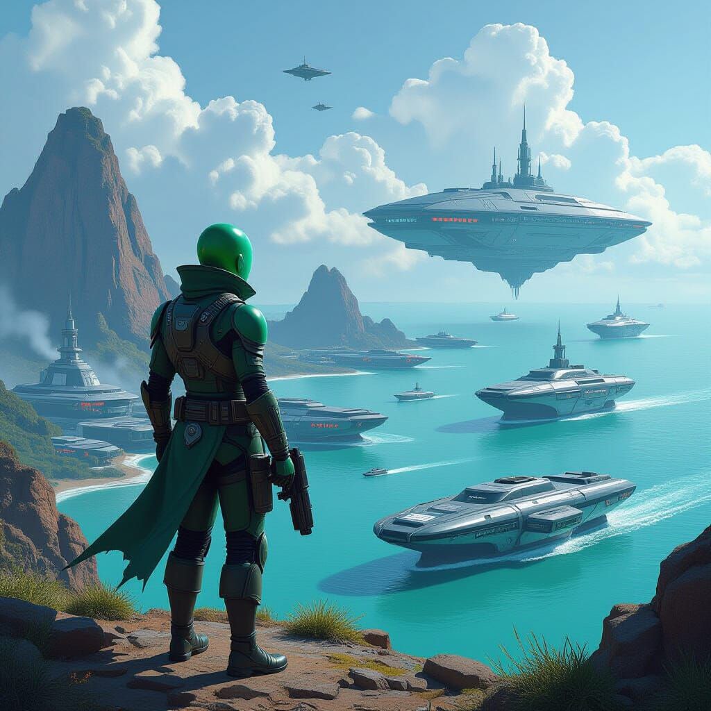 Futuristic Space Pirate on Island, in Retro-Futuristic Style
