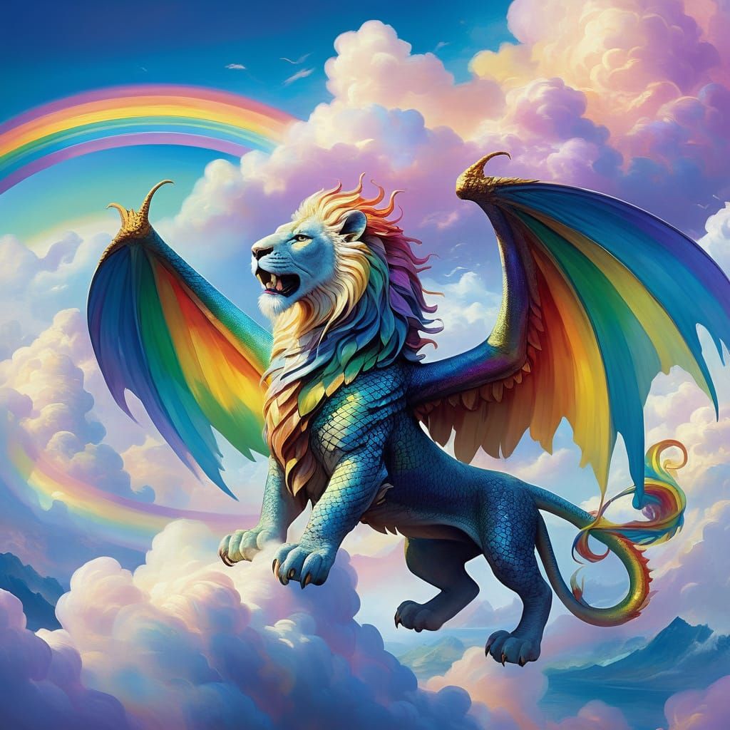 Luckdragon Soaring Above Clouds in Oil Painting Style