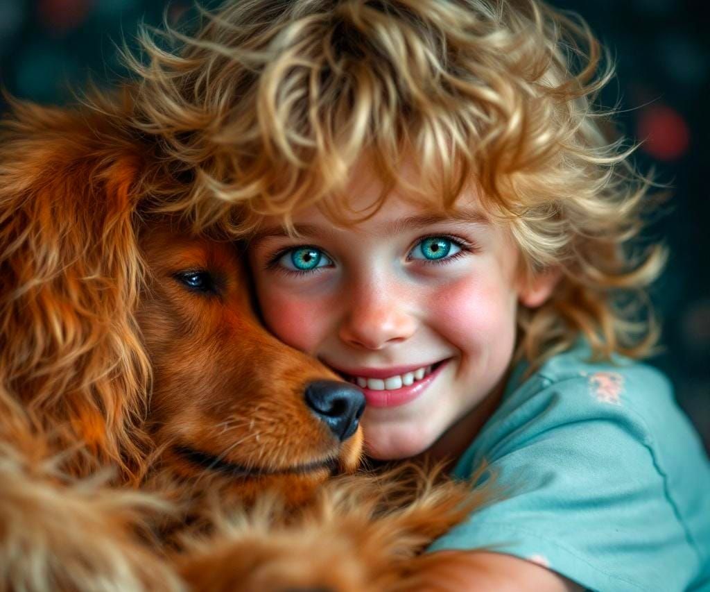Boy and Irish Setter in Atmospheric Oil Painting