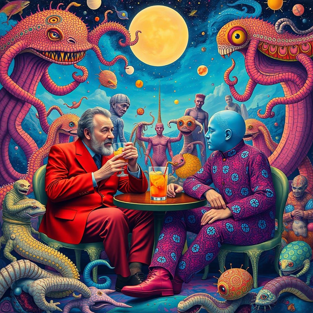 Surreal Utopia: Men and Space Creatures Enjoying Drinks