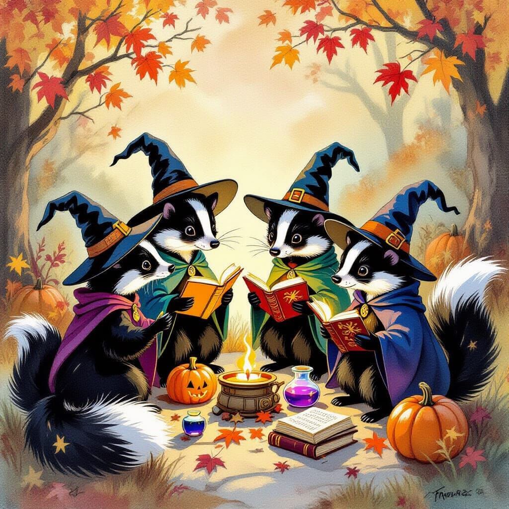 Wizard Skunks Prepare for Halloween in Whimsical Gouache Pai...
