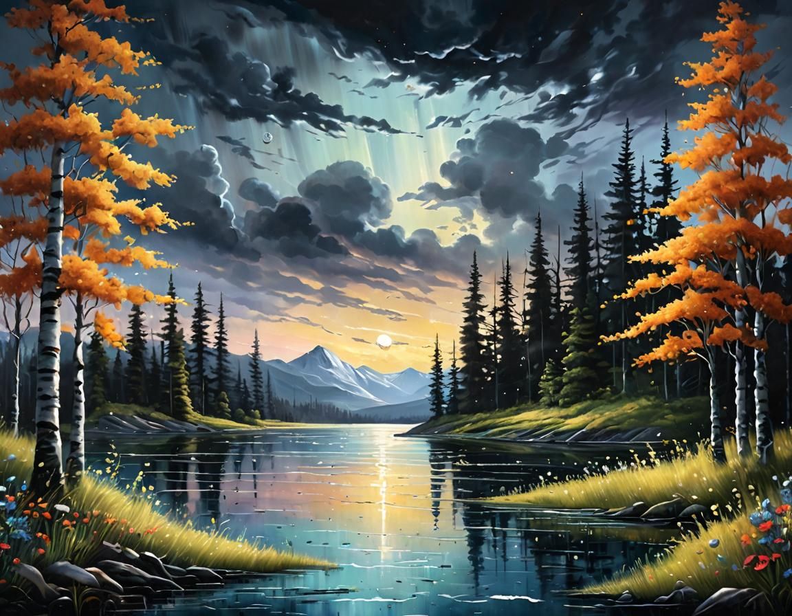 Ocean Storms Under Moody Sky: Oil Painting