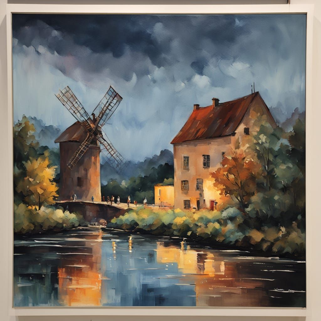 Idyllic Evening Scene with a River Mill and Joyful Children