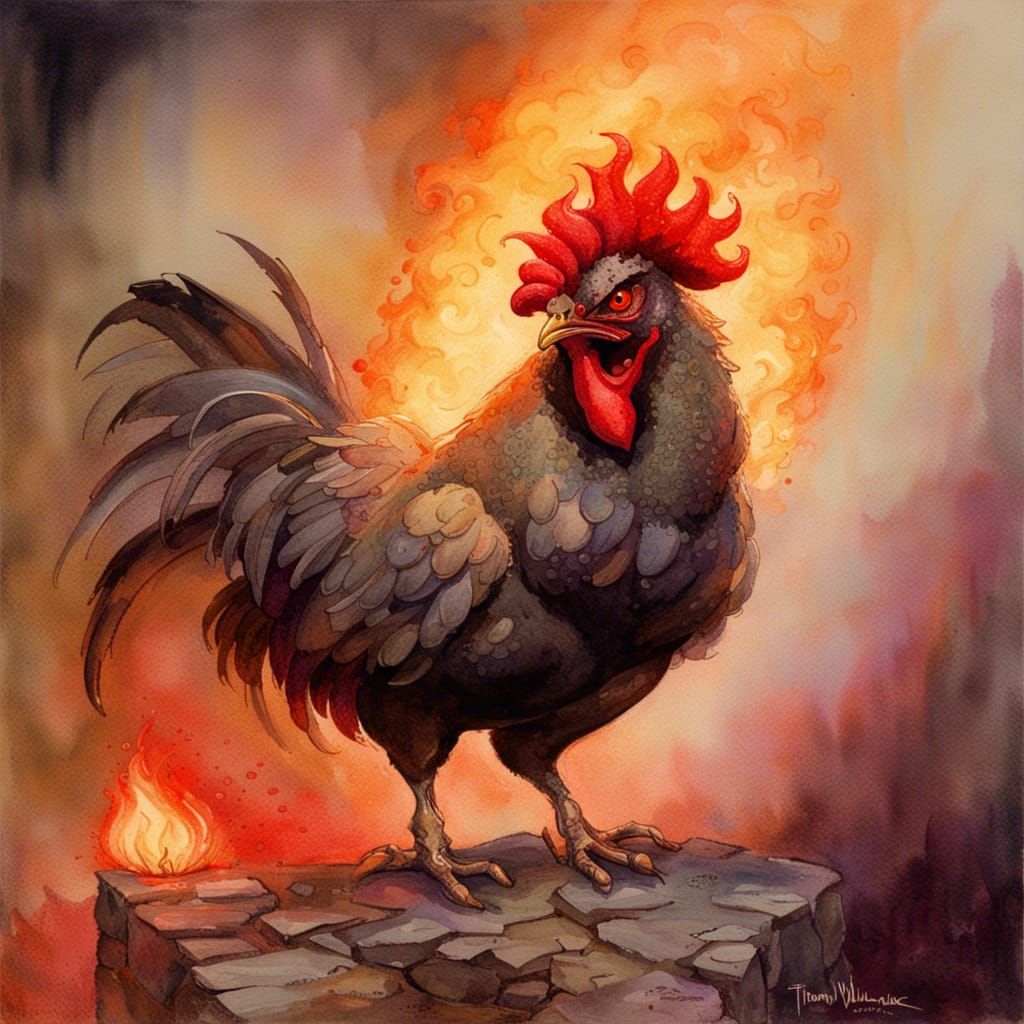 Demonic Chicken in Hellscape Watercolor