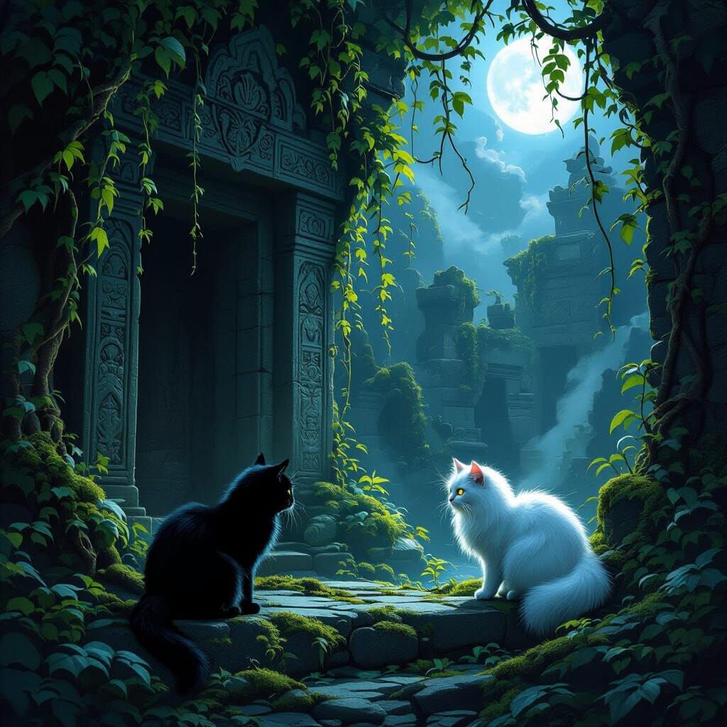 Mystical Hidden Temple Explored by Black and White Cats