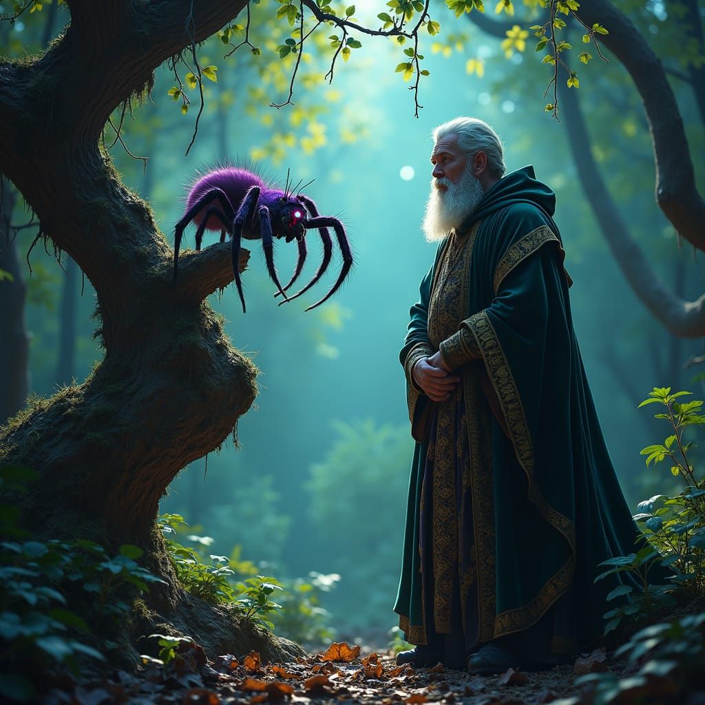 Mystical Forest Encounter: Man and Glowing Spider