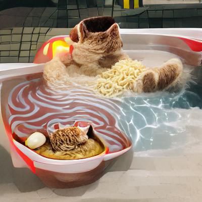 Cat Hot Tubbing in Ramen Bowl