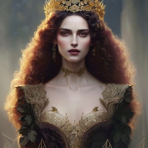 Woman in Lace Gown and Crown, Detailed Digital Art