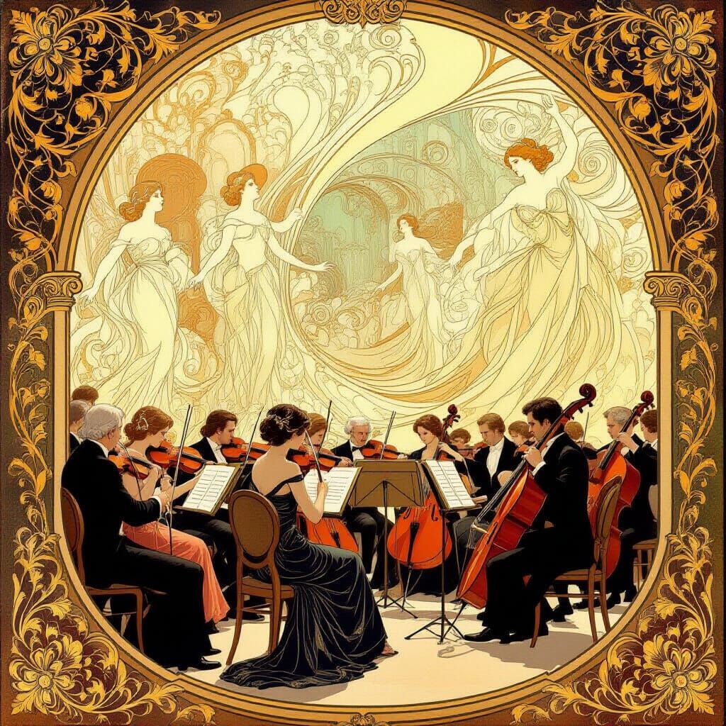 Art Nouveau Orchestra Hall with Ethereal Composers