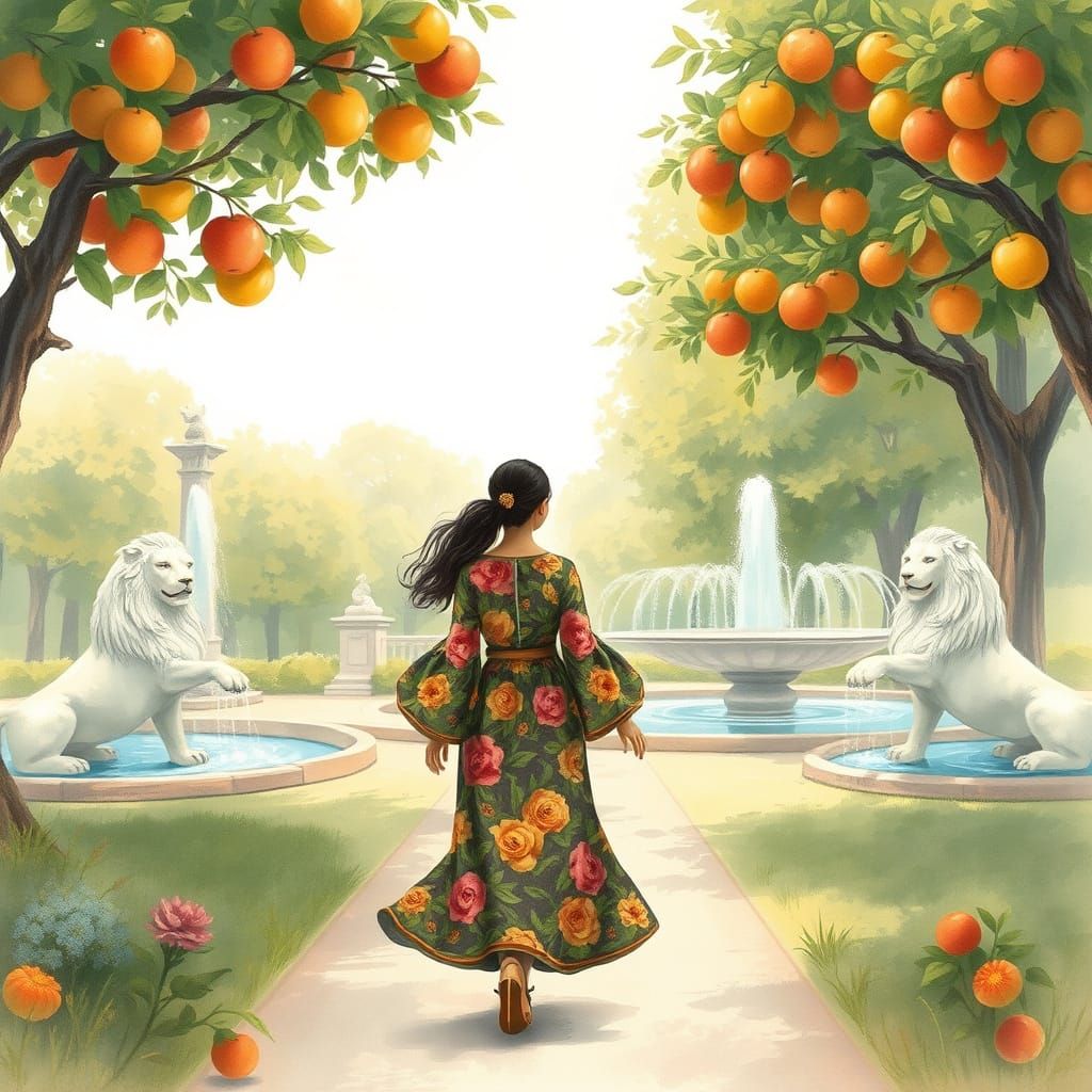 Iranian Woman in Floral Dress, Watercolor Painting