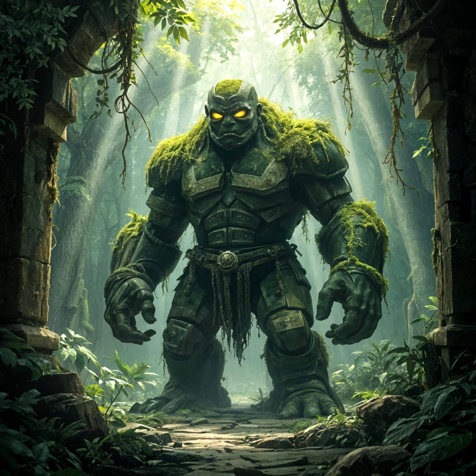 Mossy Golem Guards Jungle Temple in Atmospheric Concept Art