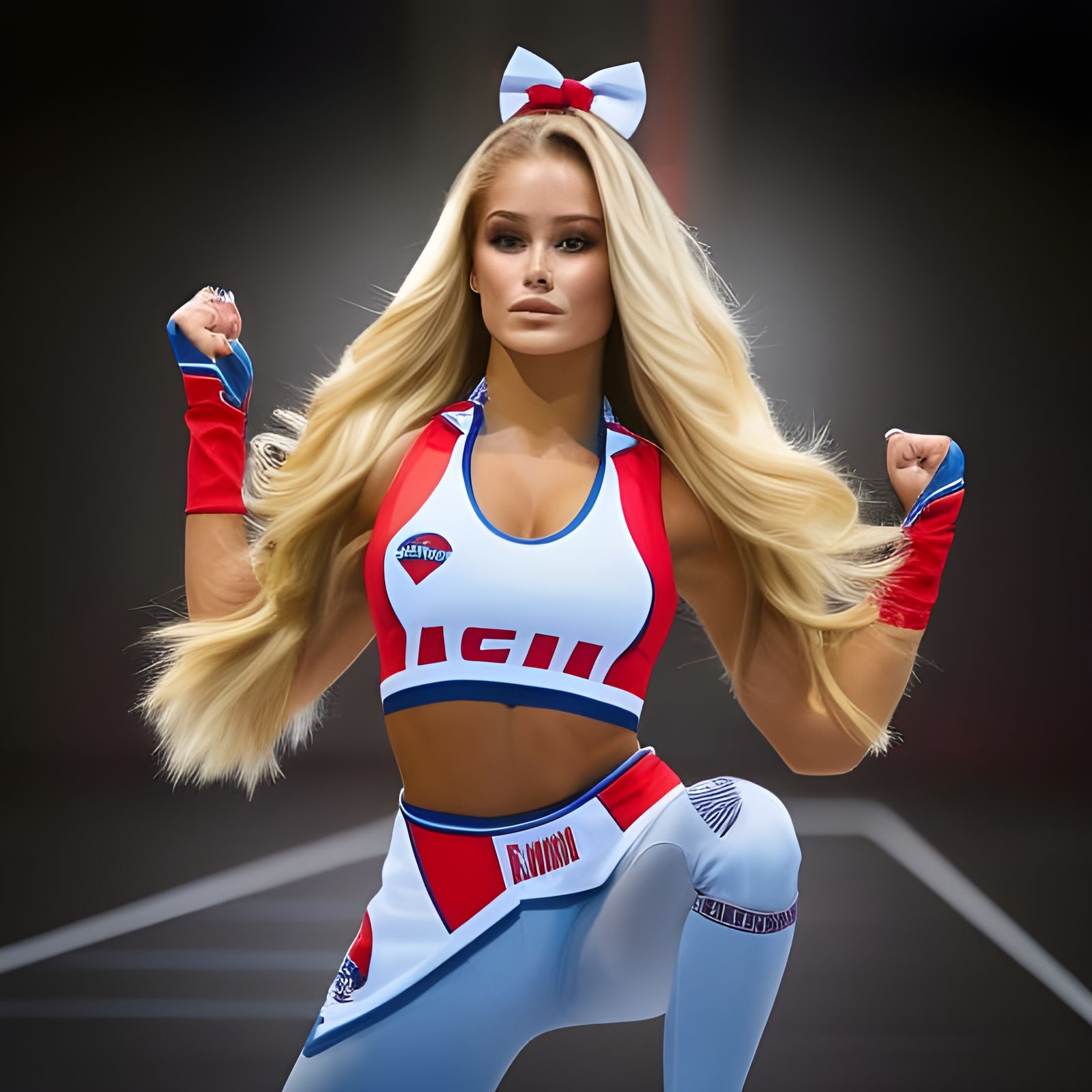 Famous Cheerleading Influencer "Pamela Reif" wearing cropped cheerleader uniform, standing in pose, perfect body, athlet...
