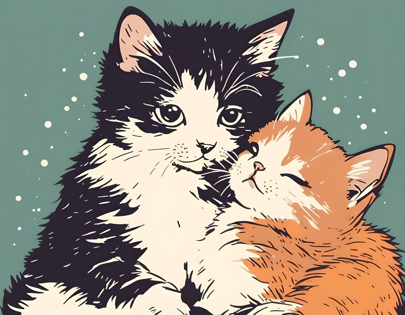 Black and Orange Kittens Snuggling in Linocut Style