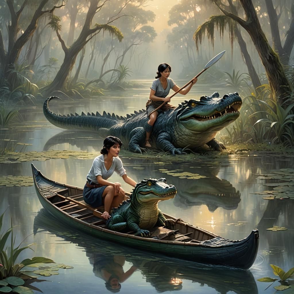 Woman Wrestles Alligator in Canoe: Ethereal Fantasy