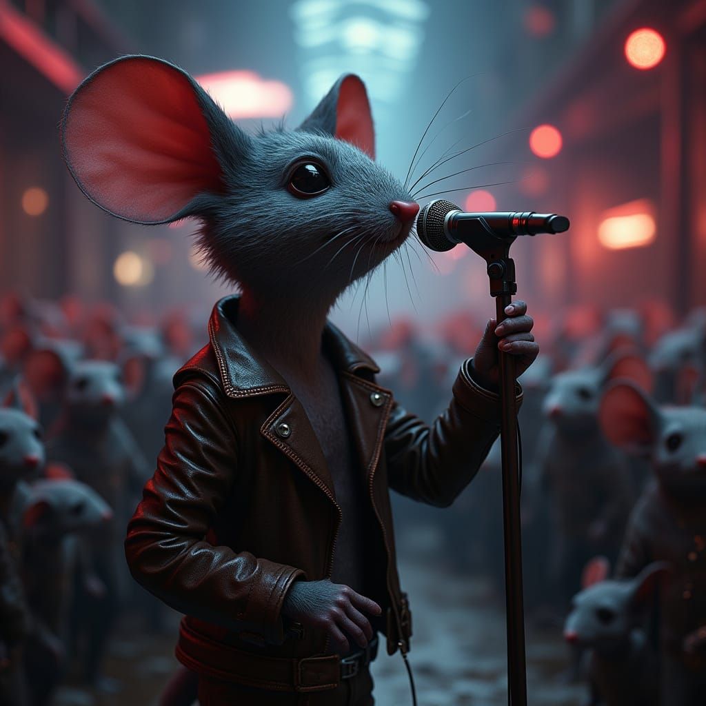 A shy mouse singing karaoke in front of a large crowd of mic...