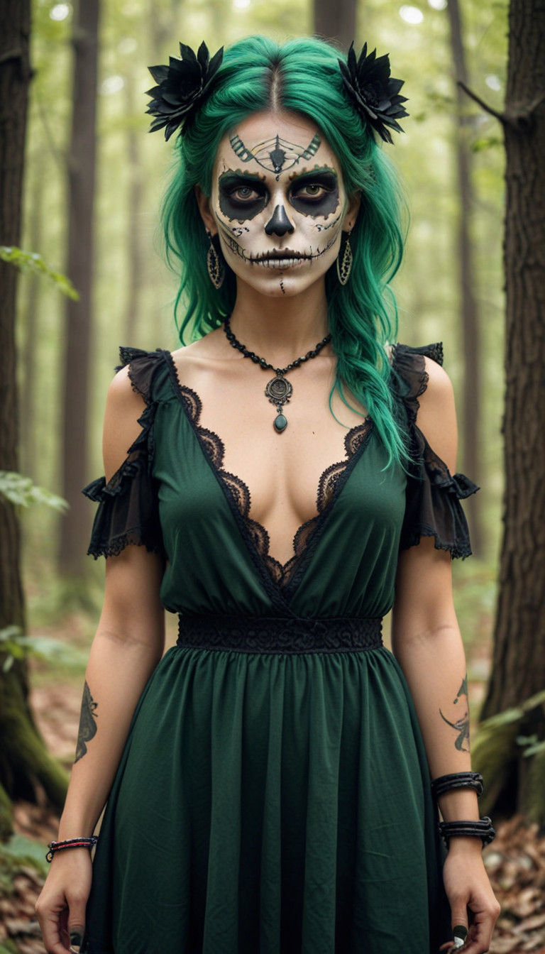 Surreal Punk Woman with Green Eyes and Bone-Like Costume in....