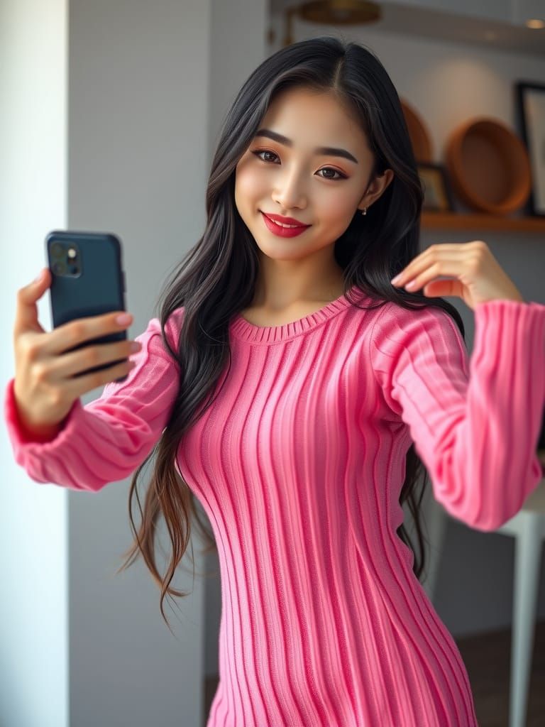 Asian Woman Captured in Dreamy, Photorealistic Selfie