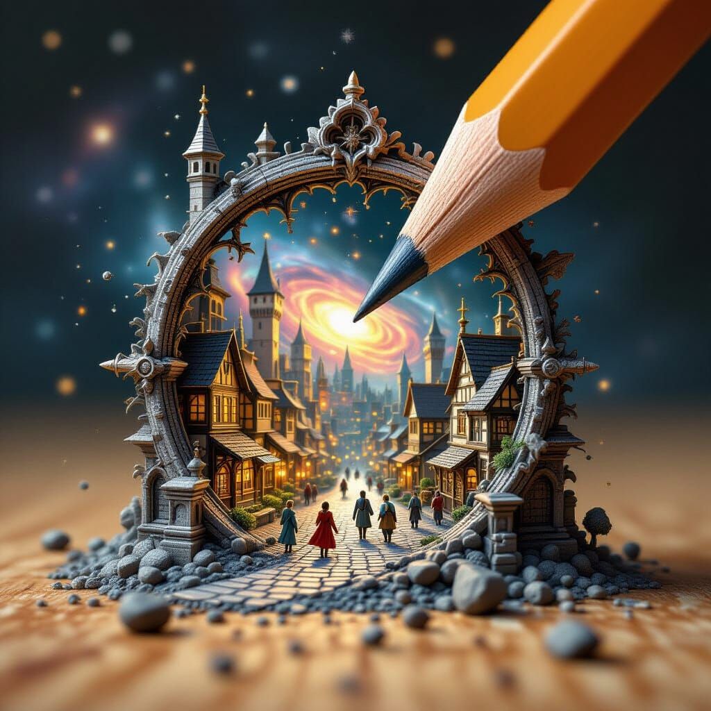 Pencil Tip Portal to Miniature Medieval City